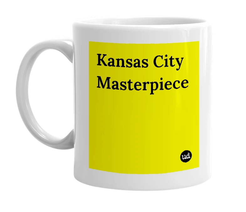 White mug with 'Kansas City Masterpiece' in bold black letters