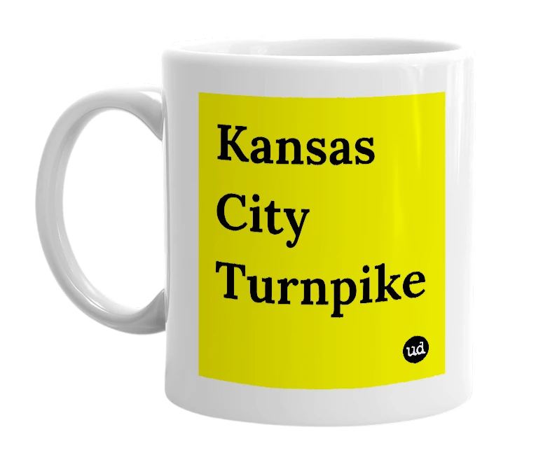 White mug with 'Kansas City Turnpike' in bold black letters
