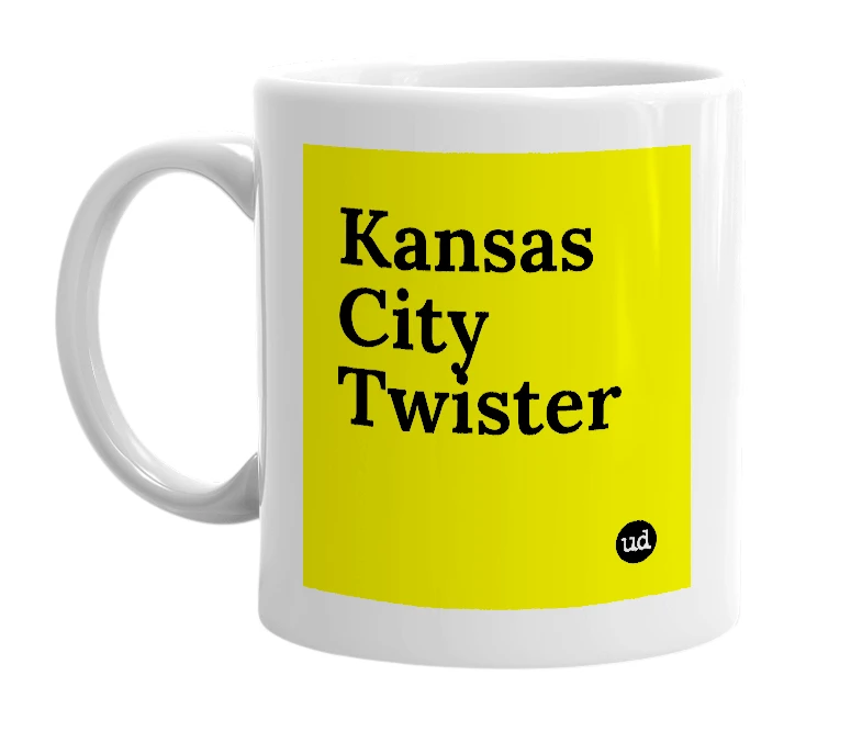 White mug with 'Kansas City Twister' in bold black letters