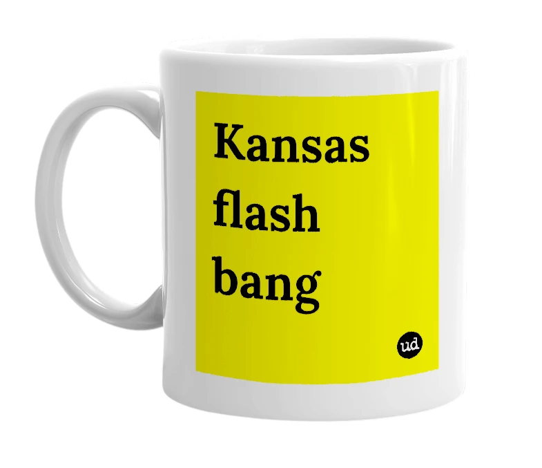 White mug with 'Kansas flash bang' in bold black letters
