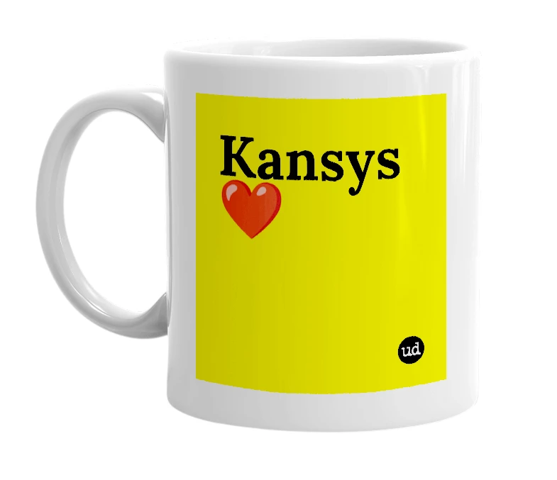 White mug with 'Kansys❤️' in bold black letters