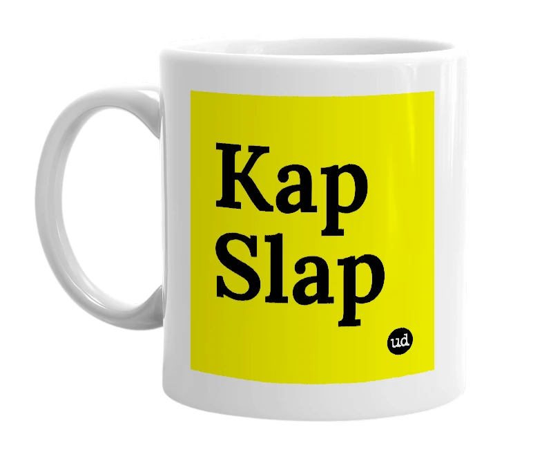 White mug with 'Kap Slap' in bold black letters