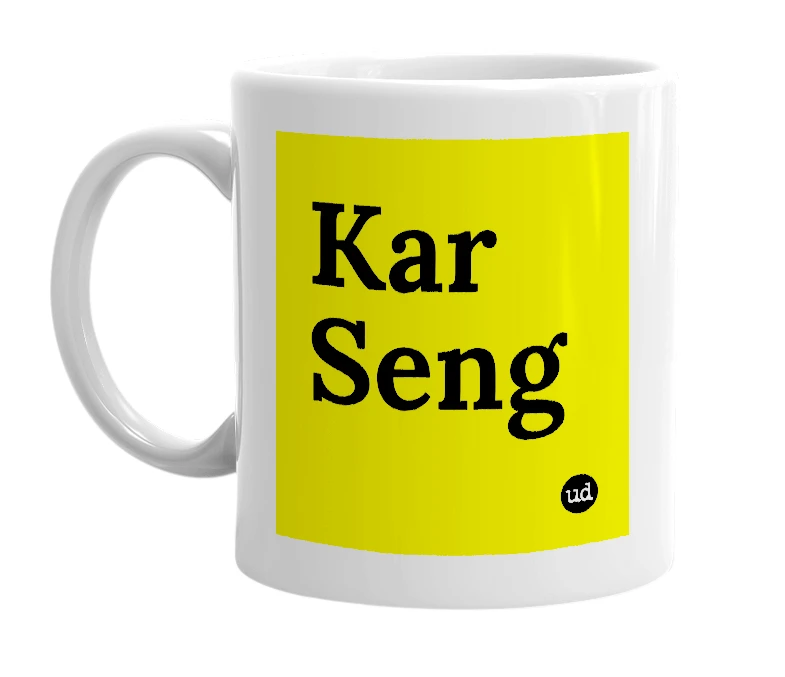 White mug with 'Kar Seng' in bold black letters
