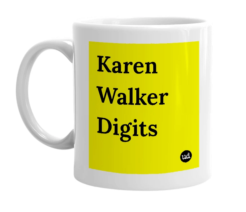 White mug with 'Karen Walker Digits' in bold black letters