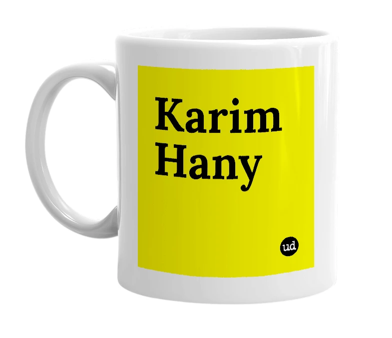 White mug with 'Karim Hany' in bold black letters