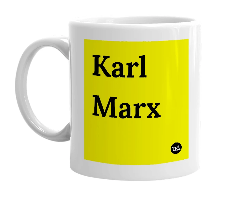 White mug with 'Karl Marx' in bold black letters
