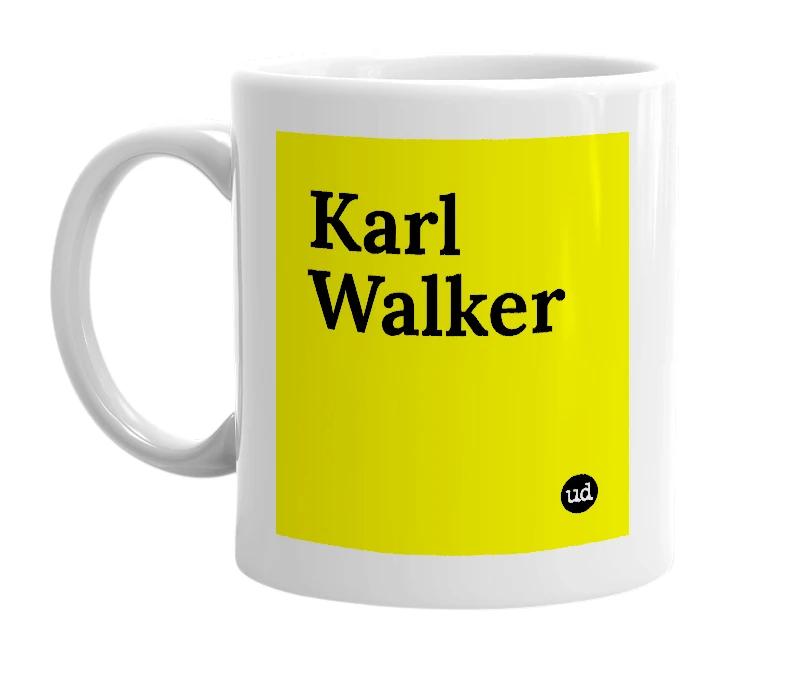 White mug with 'Karl Walker' in bold black letters