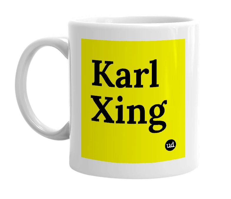 White mug with 'Karl Xing' in bold black letters