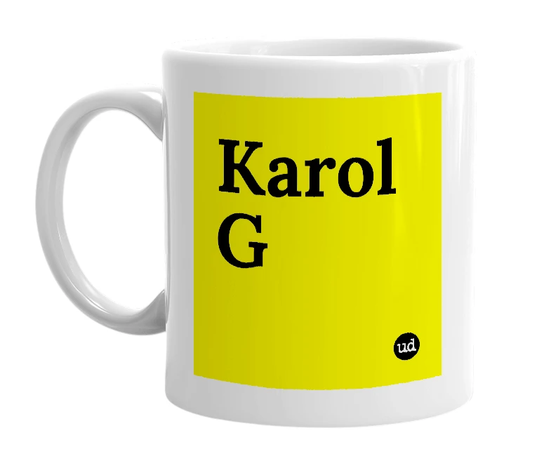 White mug with 'Karol G' in bold black letters