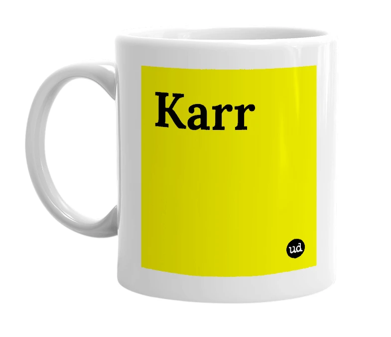 White mug with 'Karr' in bold black letters