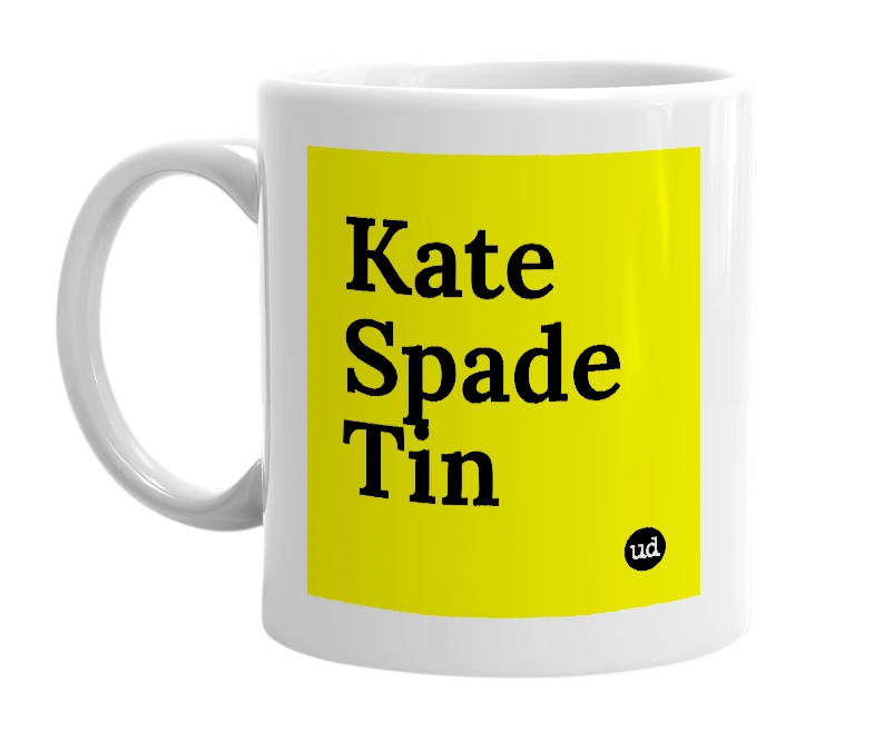 White mug with 'Kate Spade Tin' in bold black letters