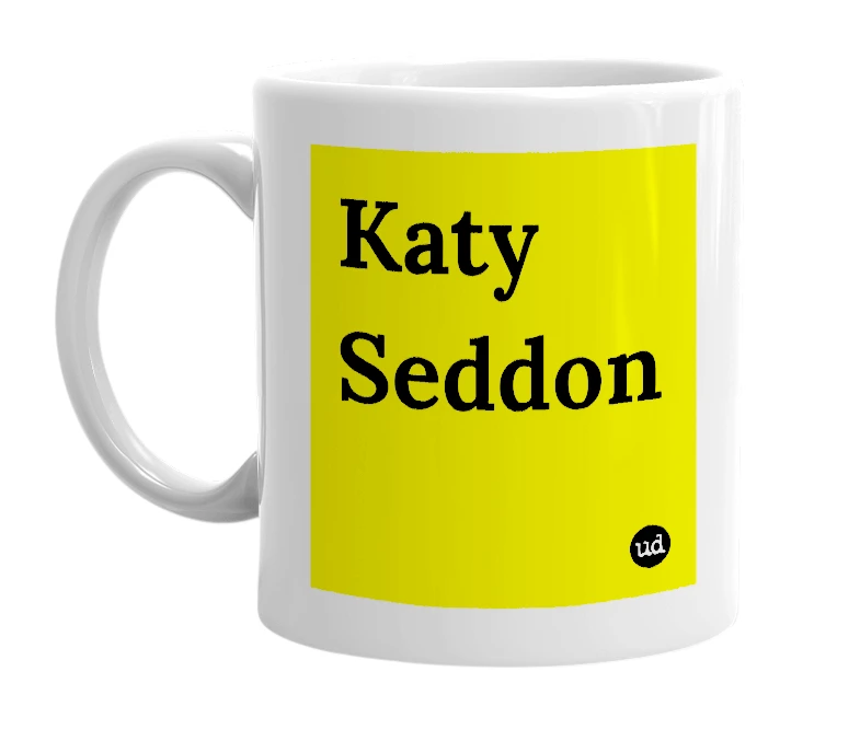 White mug with 'Katy Seddon' in bold black letters