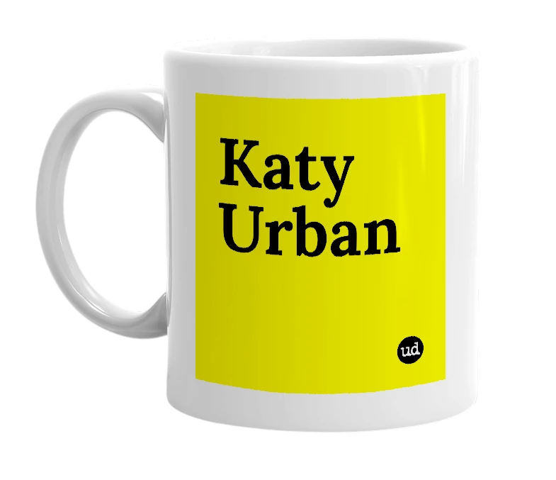 White mug with 'Katy Urban' in bold black letters