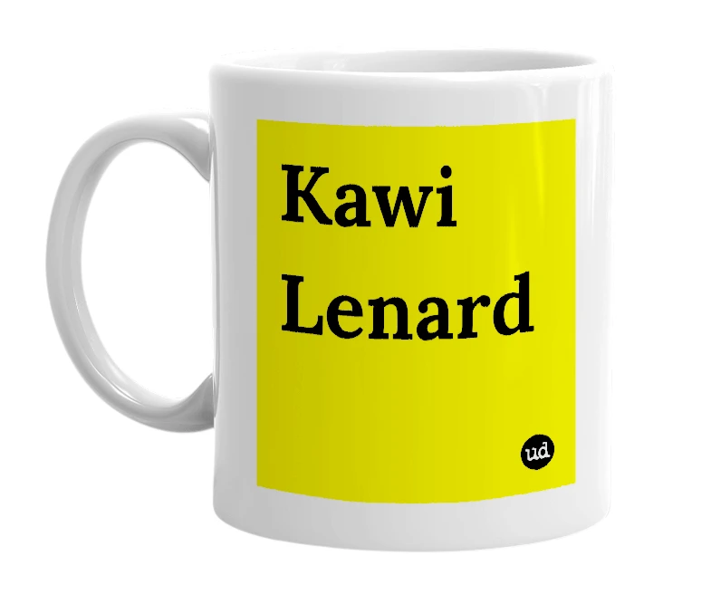 White mug with 'Kawi Lenard' in bold black letters
