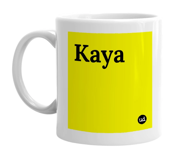 White mug with 'Kaya' in bold black letters