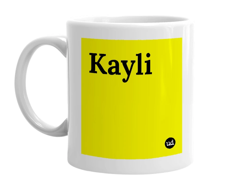 White mug with 'Kayli' in bold black letters