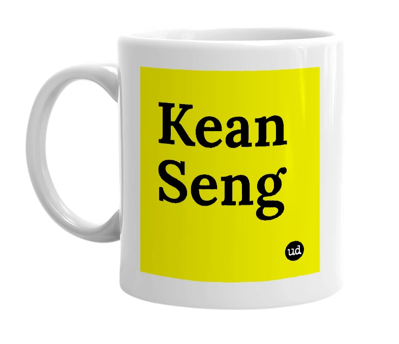White mug with 'Kean Seng' in bold black letters