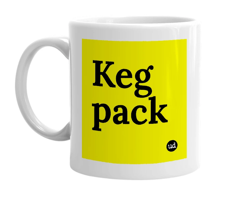 White mug with 'Keg pack' in bold black letters