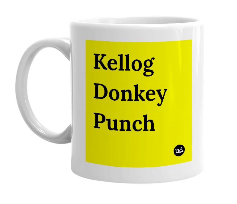White mug with 'Kellog Donkey Punch' in bold black letters