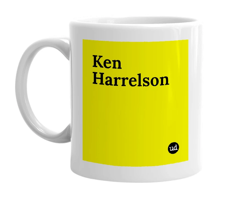 White mug with 'Ken Harrelson' in bold black letters