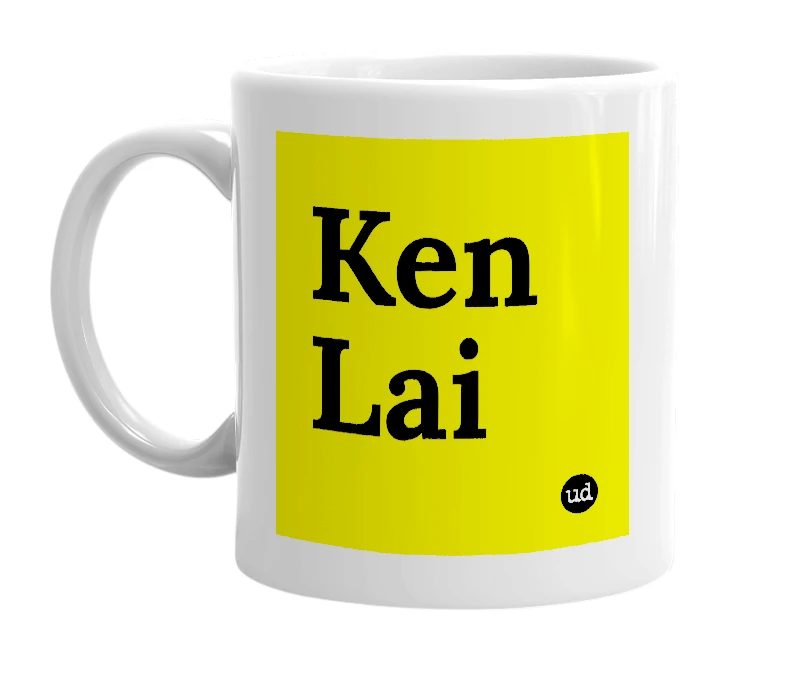 White mug with 'Ken Lai' in bold black letters