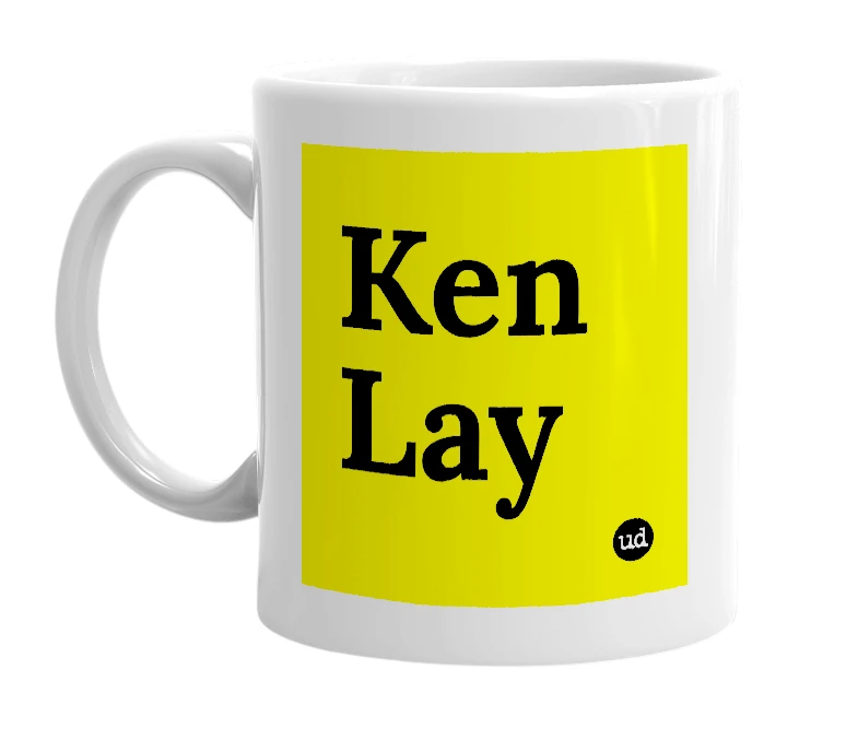 White mug with 'Ken Lay' in bold black letters