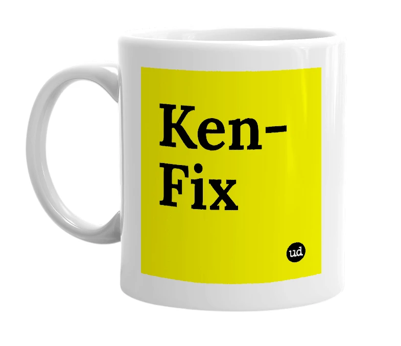 White mug with 'Ken-Fix' in bold black letters