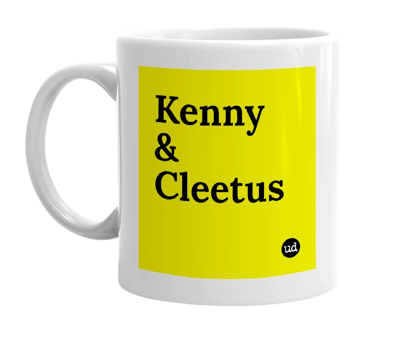 White mug with 'Kenny & Cleetus' in bold black letters