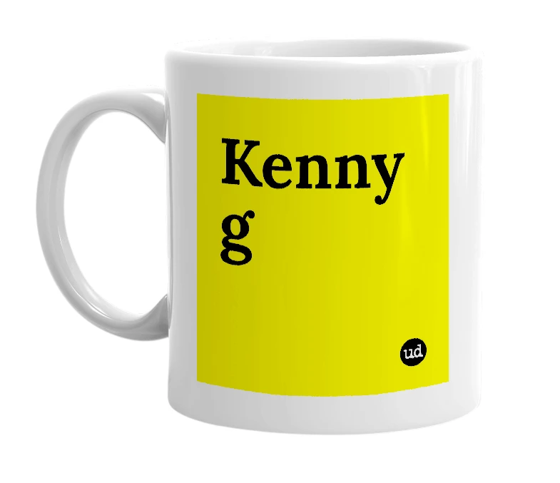 White mug with 'Kenny g' in bold black letters