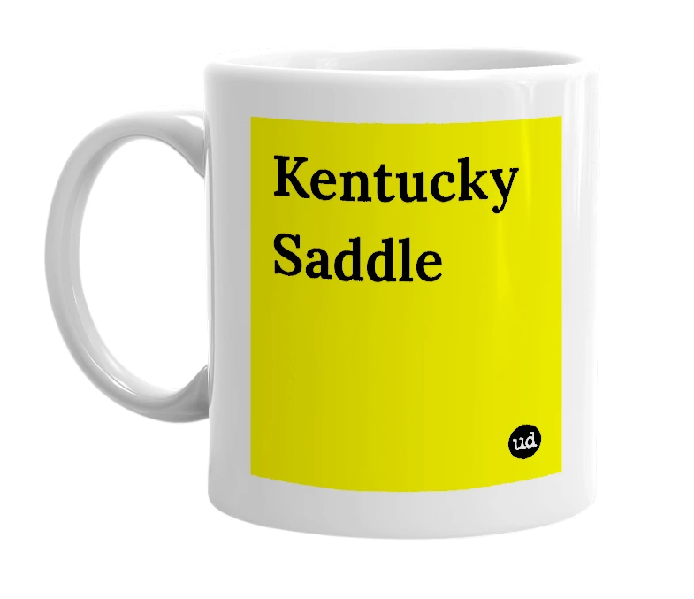 White mug with 'Kentucky Saddle' in bold black letters