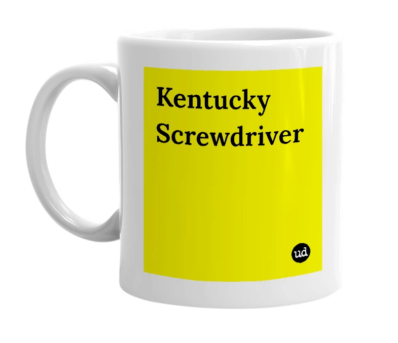 White mug with 'Kentucky Screwdriver' in bold black letters