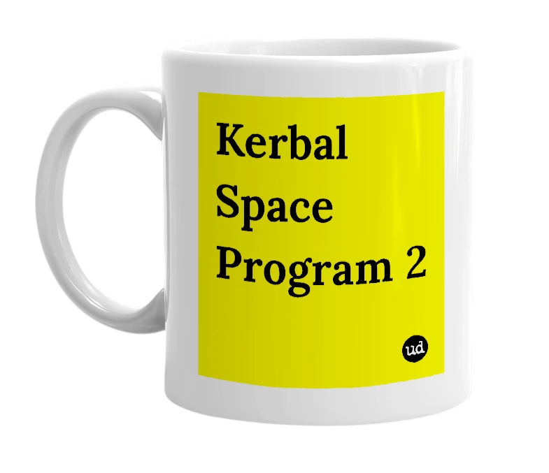 White mug with 'Kerbal Space Program 2' in bold black letters