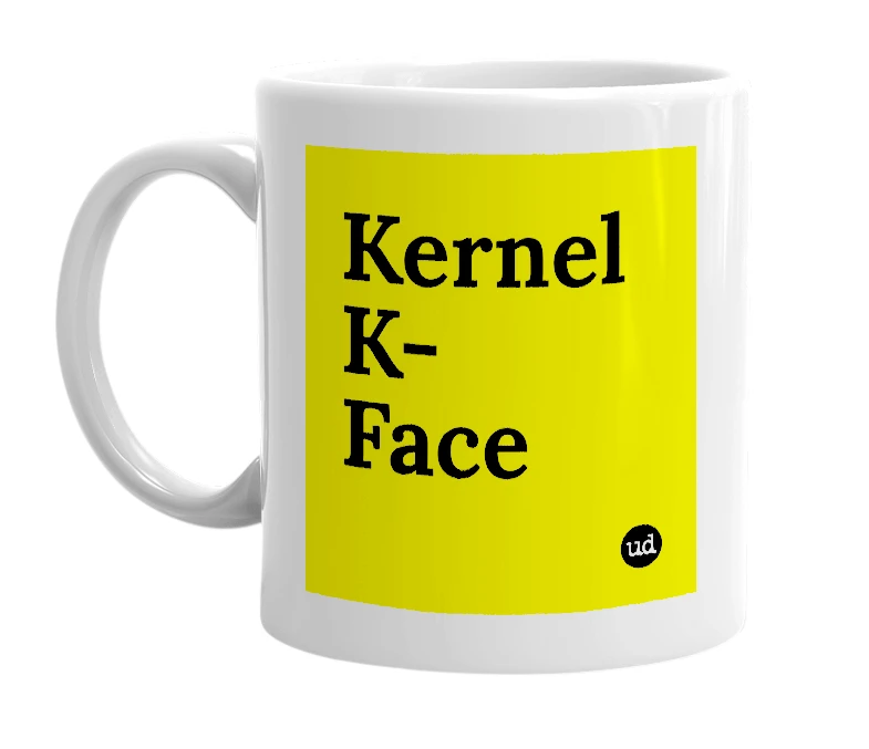 White mug with 'Kernel K-Face' in bold black letters