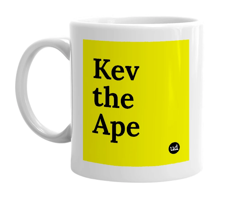 White mug with 'Kev the Ape' in bold black letters