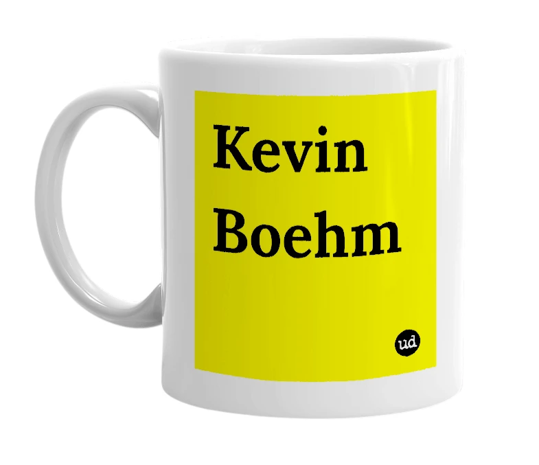 White mug with 'Kevin Boehm' in bold black letters