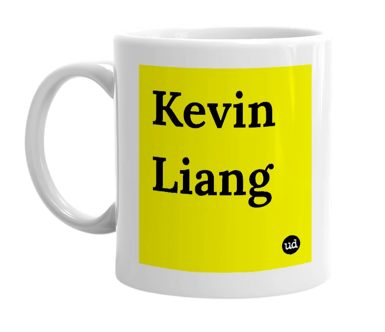 White mug with 'Kevin Liang' in bold black letters