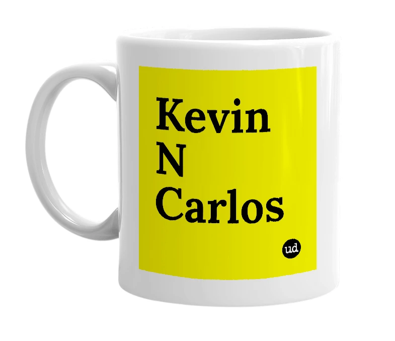 White mug with 'Kevin N Carlos' in bold black letters