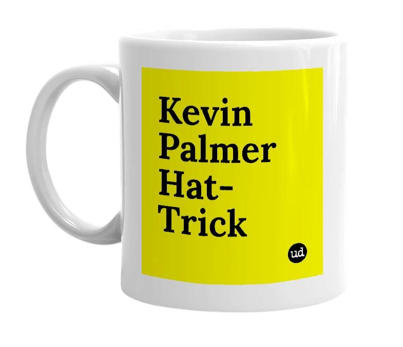 White mug with 'Kevin Palmer Hat-Trick' in bold black letters