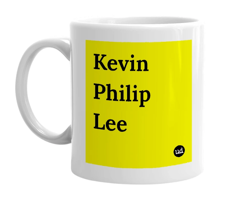 White mug with 'Kevin Philip Lee' in bold black letters