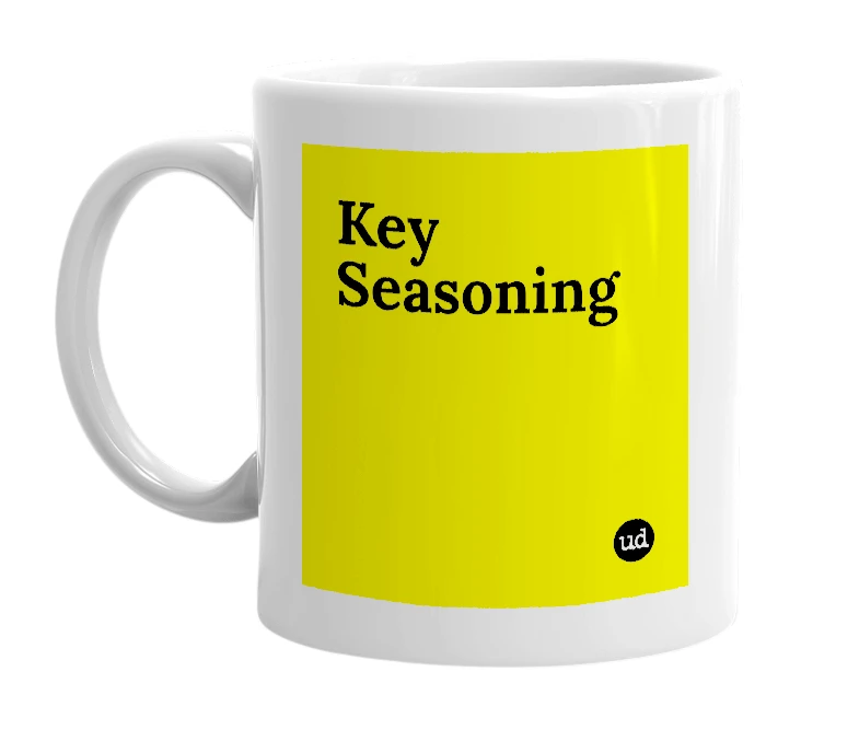 White mug with 'Key Seasoning' in bold black letters