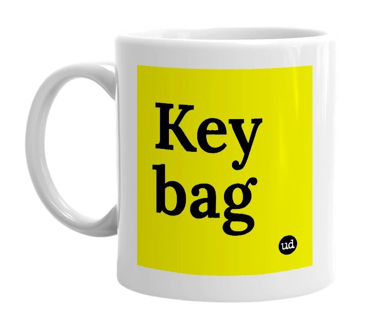 White mug with 'Key bag' in bold black letters