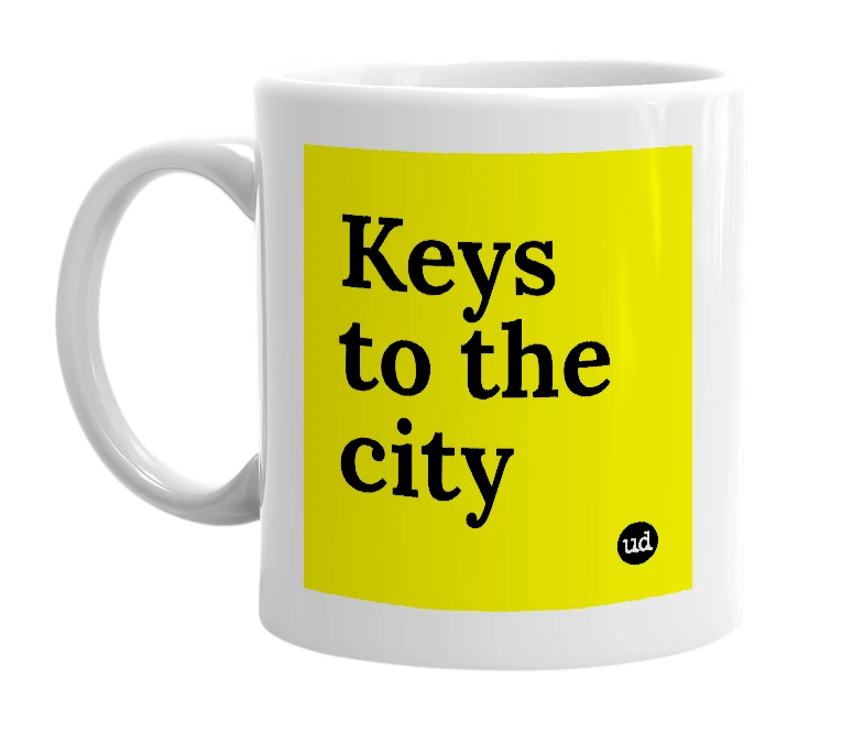 White mug with 'Keys to the city' in bold black letters