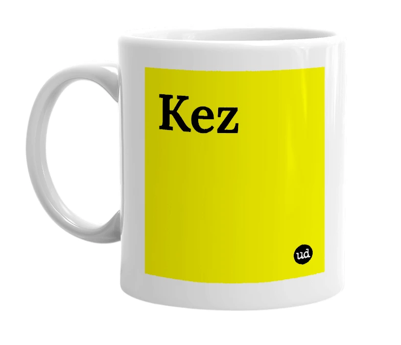 White mug with 'Kez' in bold black letters