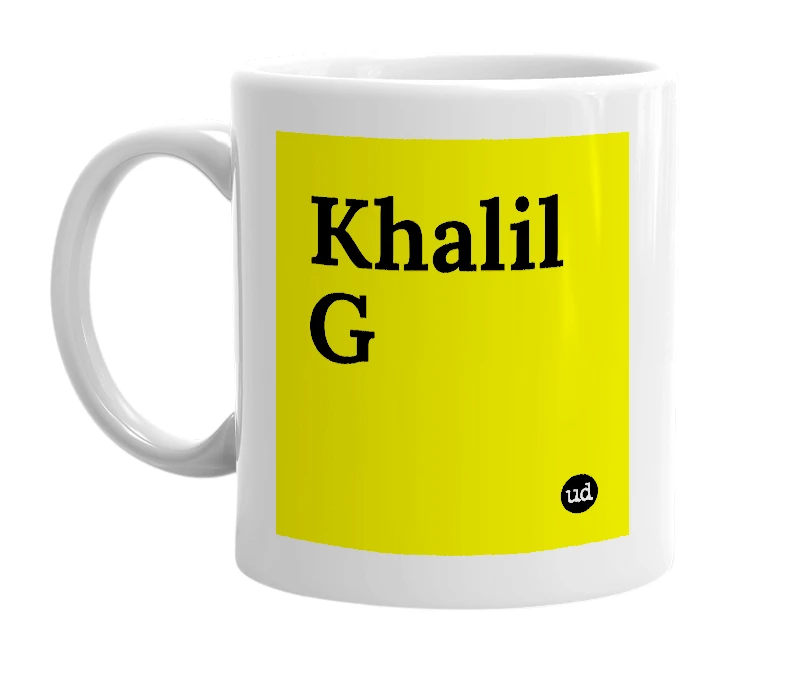 White mug with 'Khalil G' in bold black letters