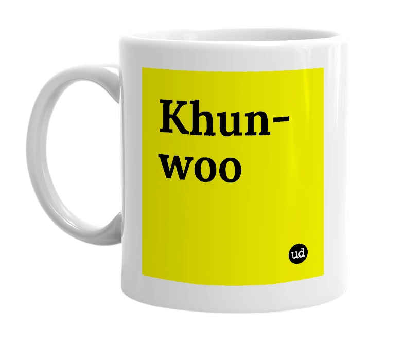White mug with 'Khun-woo' in bold black letters
