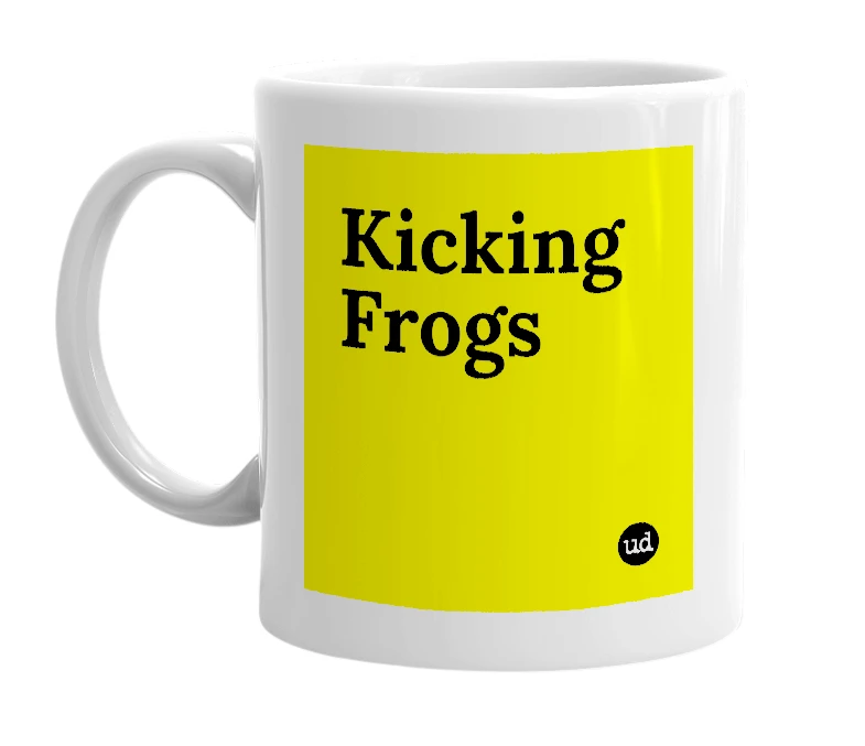 White mug with 'Kicking Frogs' in bold black letters