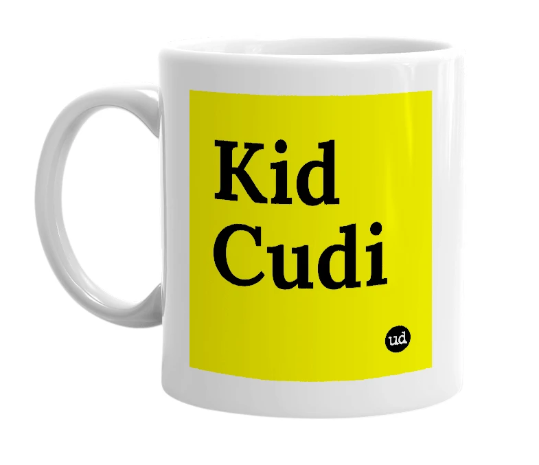 White mug with 'Kid Cudi' in bold black letters