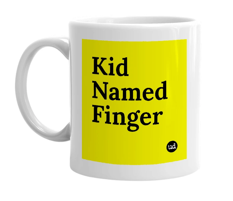 White mug with 'Kid Named Finger' in bold black letters