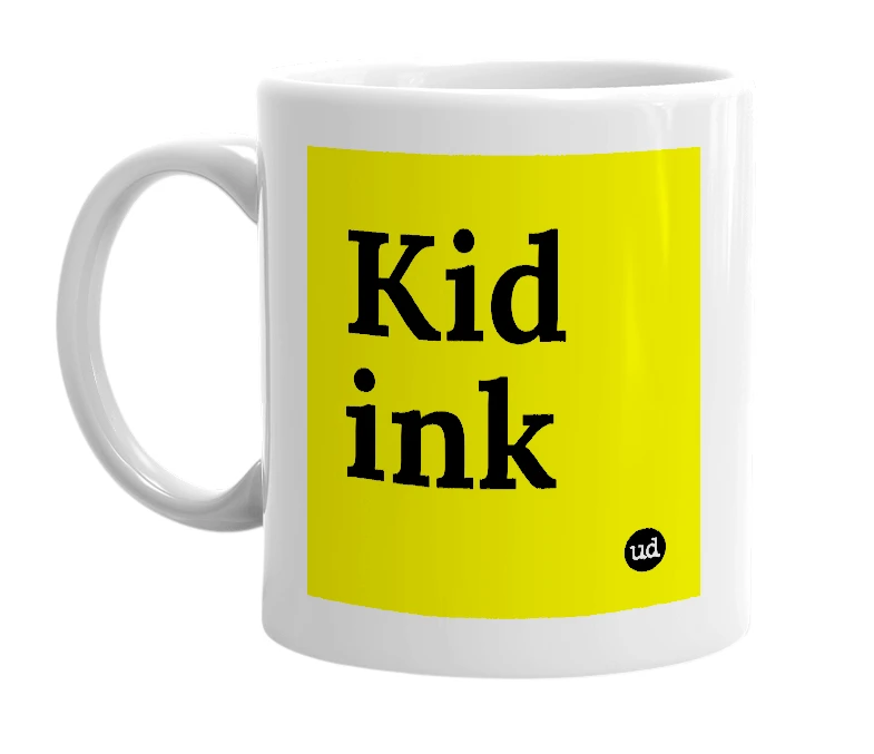 White mug with 'Kid ink' in bold black letters