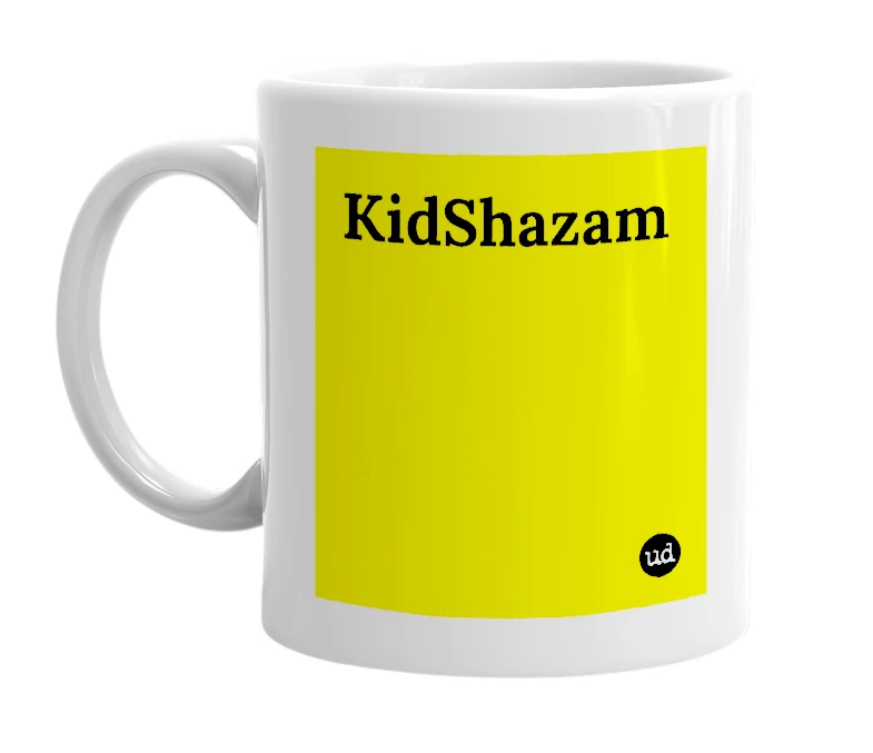 White mug with 'KidShazam' in bold black letters
